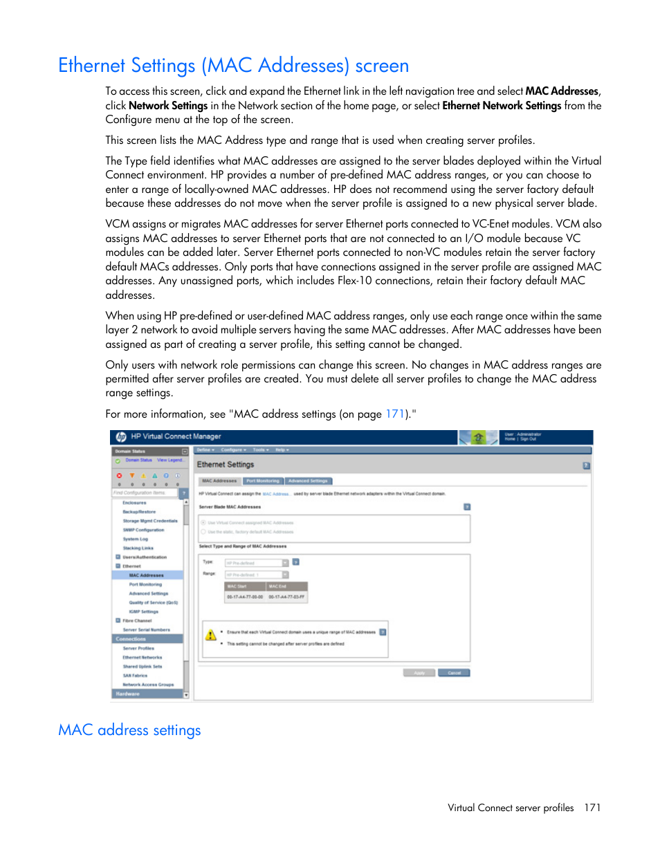 Ethernet settings (mac addresses) screen, Mac address settings | HP Virtual Connect 4Gb Fibre Channel Module for c-Class BladeSystem User Manual | Page 171 / 308