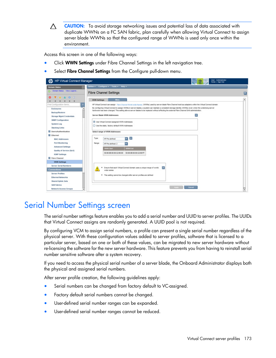 Serial number settings screen | HP Virtual Connect 4Gb Fibre Channel Module for c-Class BladeSystem User Manual | Page 173 / 308