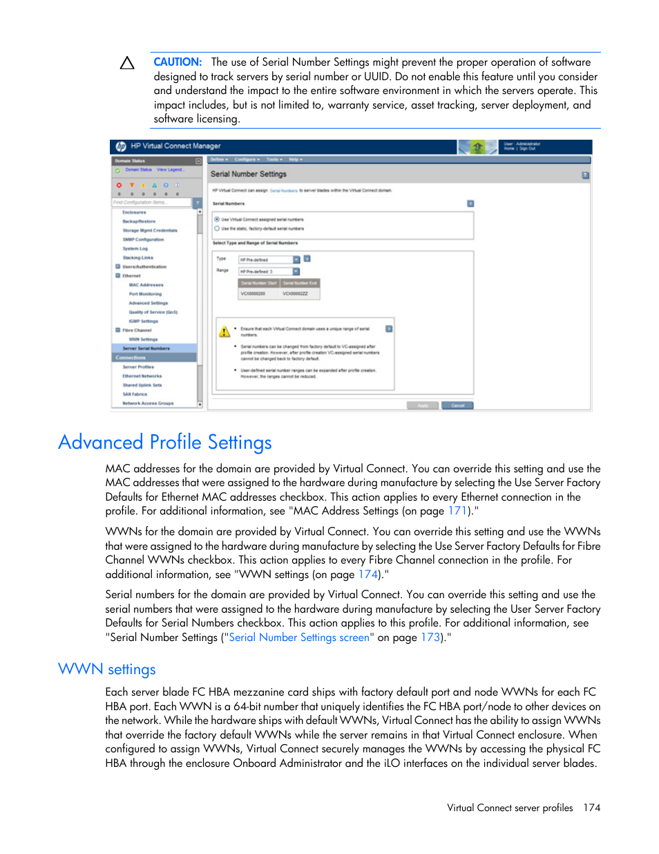 Advanced profile settings, Wwn settings | HP Virtual Connect 4Gb Fibre Channel Module for c-Class BladeSystem User Manual | Page 174 / 308