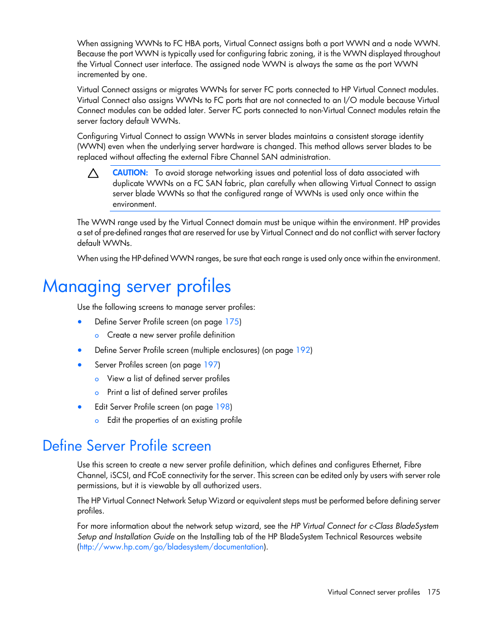 Managing server profiles, Define server profile screen | HP Virtual Connect 4Gb Fibre Channel Module for c-Class BladeSystem User Manual | Page 175 / 308