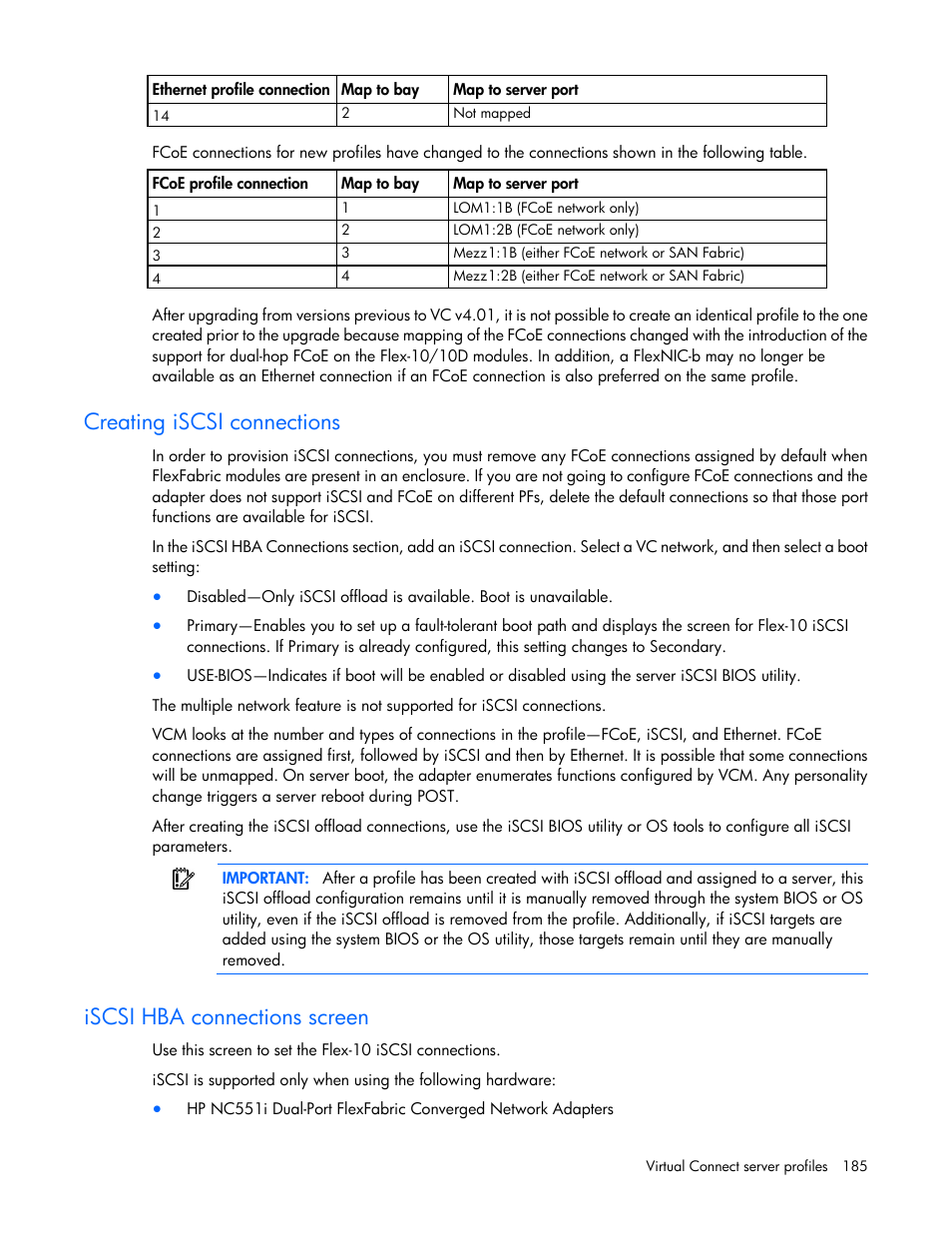 Creating iscsi connections, Iscsi hba connections screen | HP Virtual Connect 4Gb Fibre Channel Module for c-Class BladeSystem User Manual | Page 185 / 308