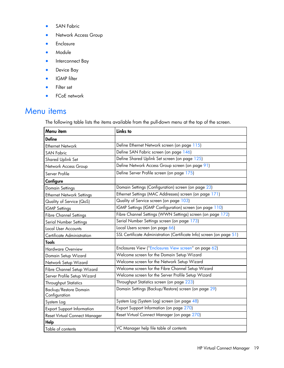 Menu items | HP Virtual Connect 4Gb Fibre Channel Module for c-Class BladeSystem User Manual | Page 19 / 308