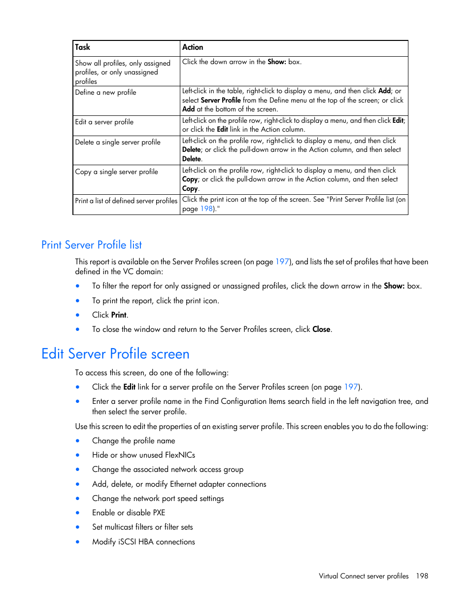 Print server profile list, Edit server profile screen | HP Virtual Connect 4Gb Fibre Channel Module for c-Class BladeSystem User Manual | Page 198 / 308