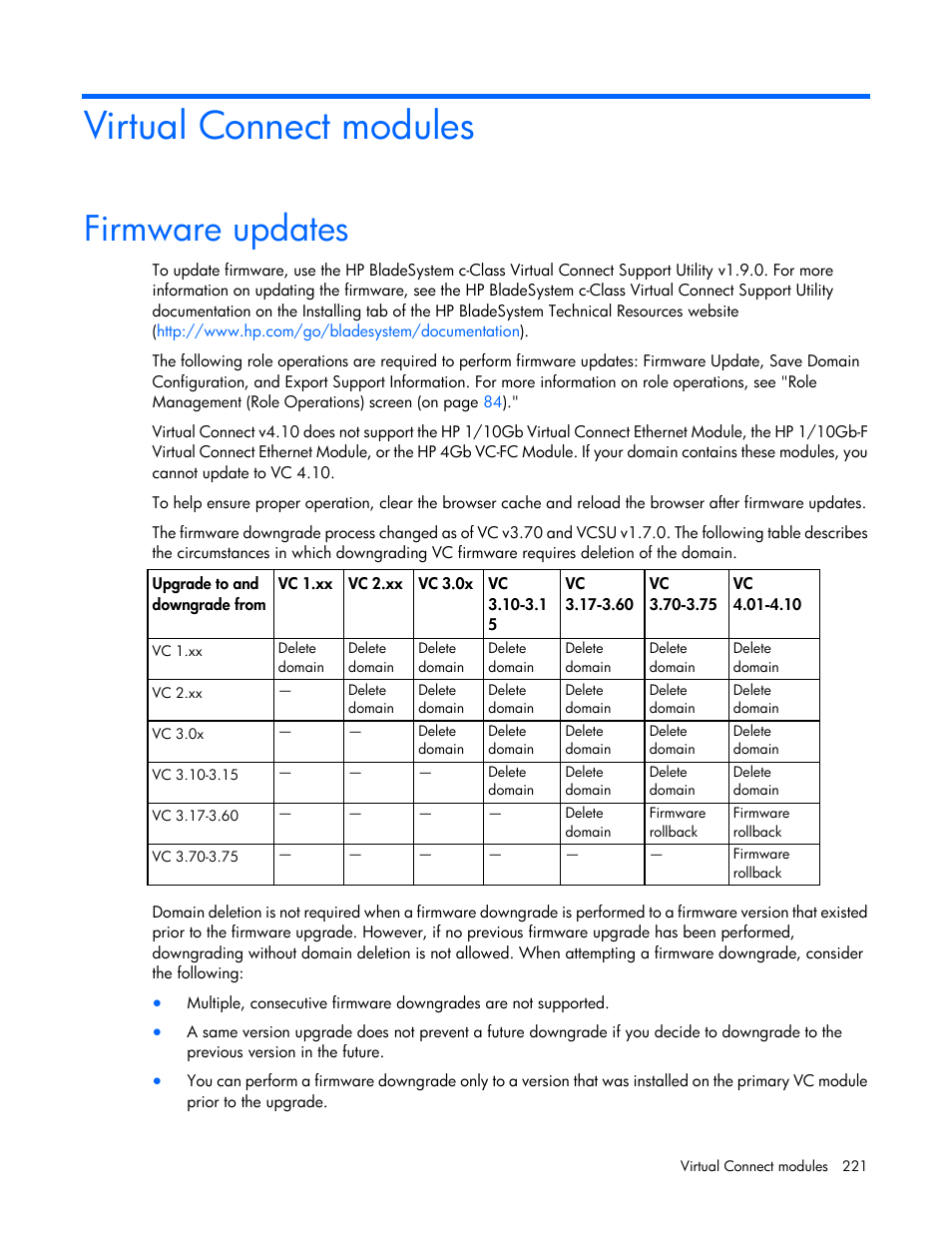 Virtual connect modules, Firmware updates | HP Virtual Connect 4Gb Fibre Channel Module for c-Class BladeSystem User Manual | Page 221 / 308