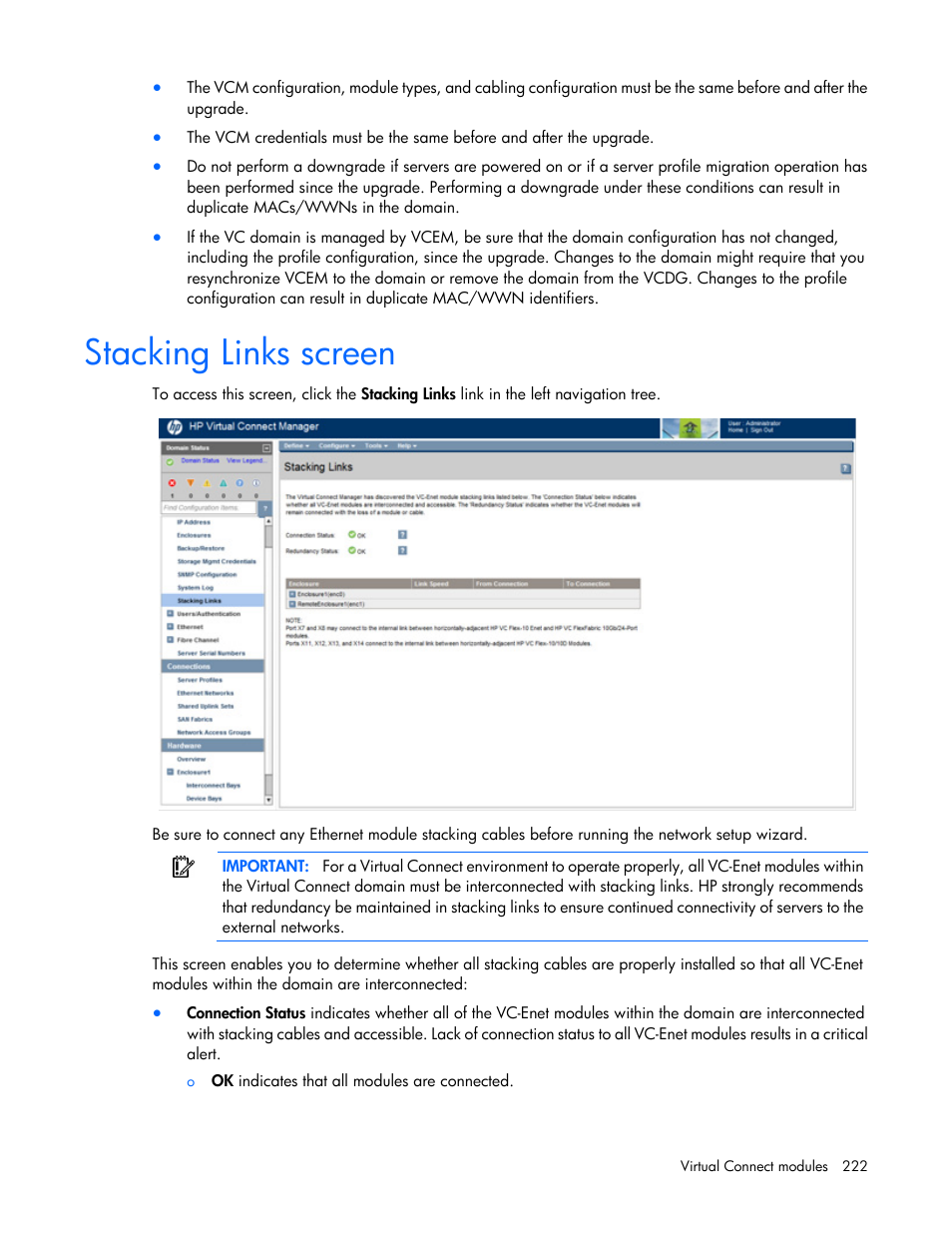 Stacking links screen | HP Virtual Connect 4Gb Fibre Channel Module for c-Class BladeSystem User Manual | Page 222 / 308