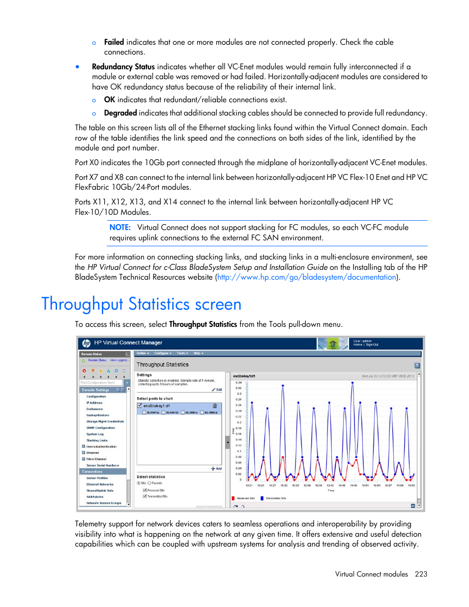 Throughput statistics screen | HP Virtual Connect 4Gb Fibre Channel Module for c-Class BladeSystem User Manual | Page 223 / 308