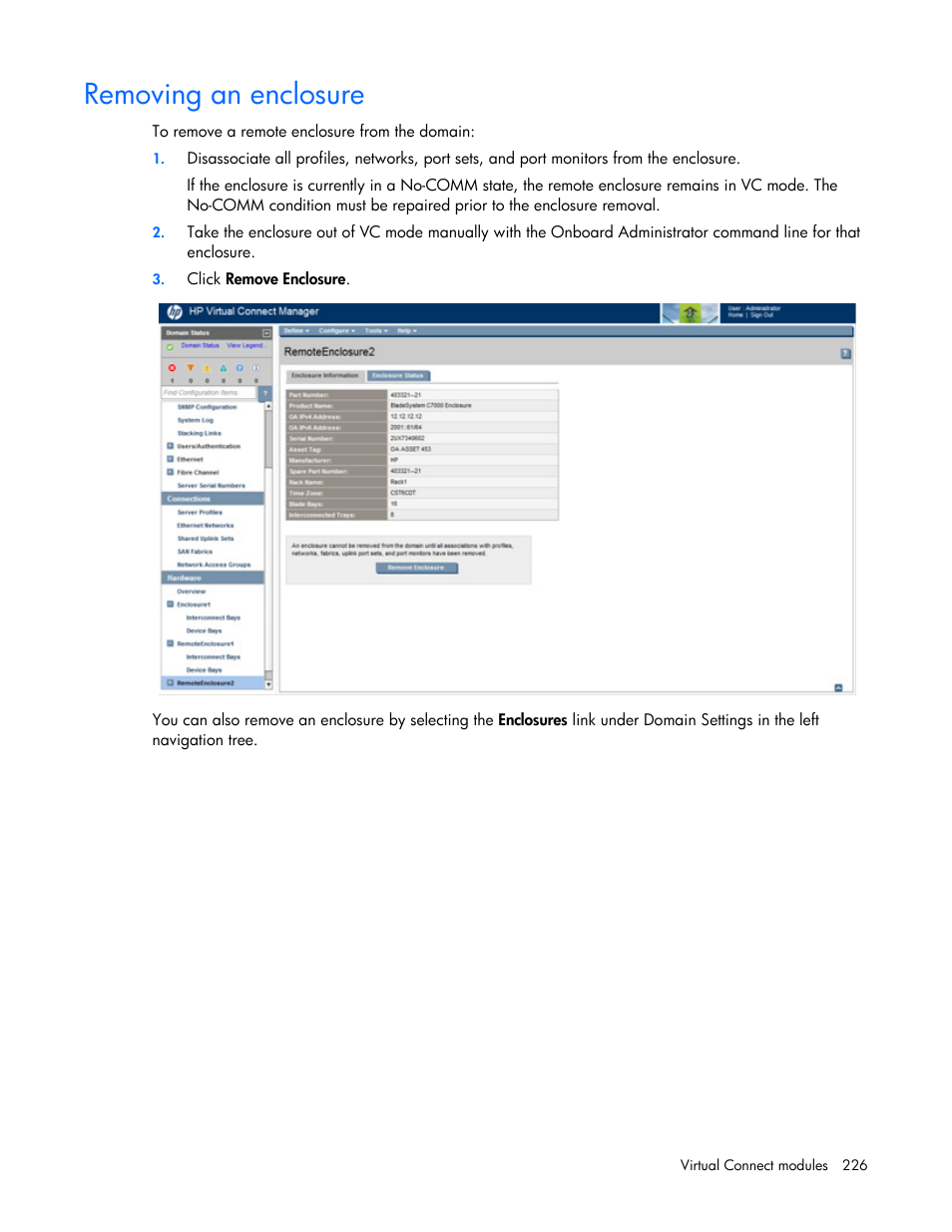 Removing an enclosure | HP Virtual Connect 4Gb Fibre Channel Module for c-Class BladeSystem User Manual | Page 226 / 308