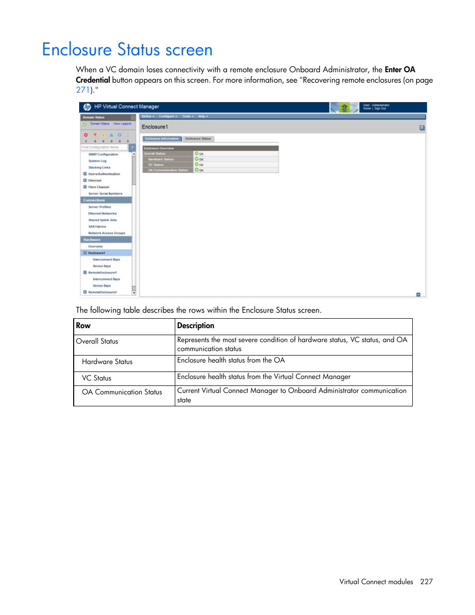 Enclosure status screen | HP Virtual Connect 4Gb Fibre Channel Module for c-Class BladeSystem User Manual | Page 227 / 308