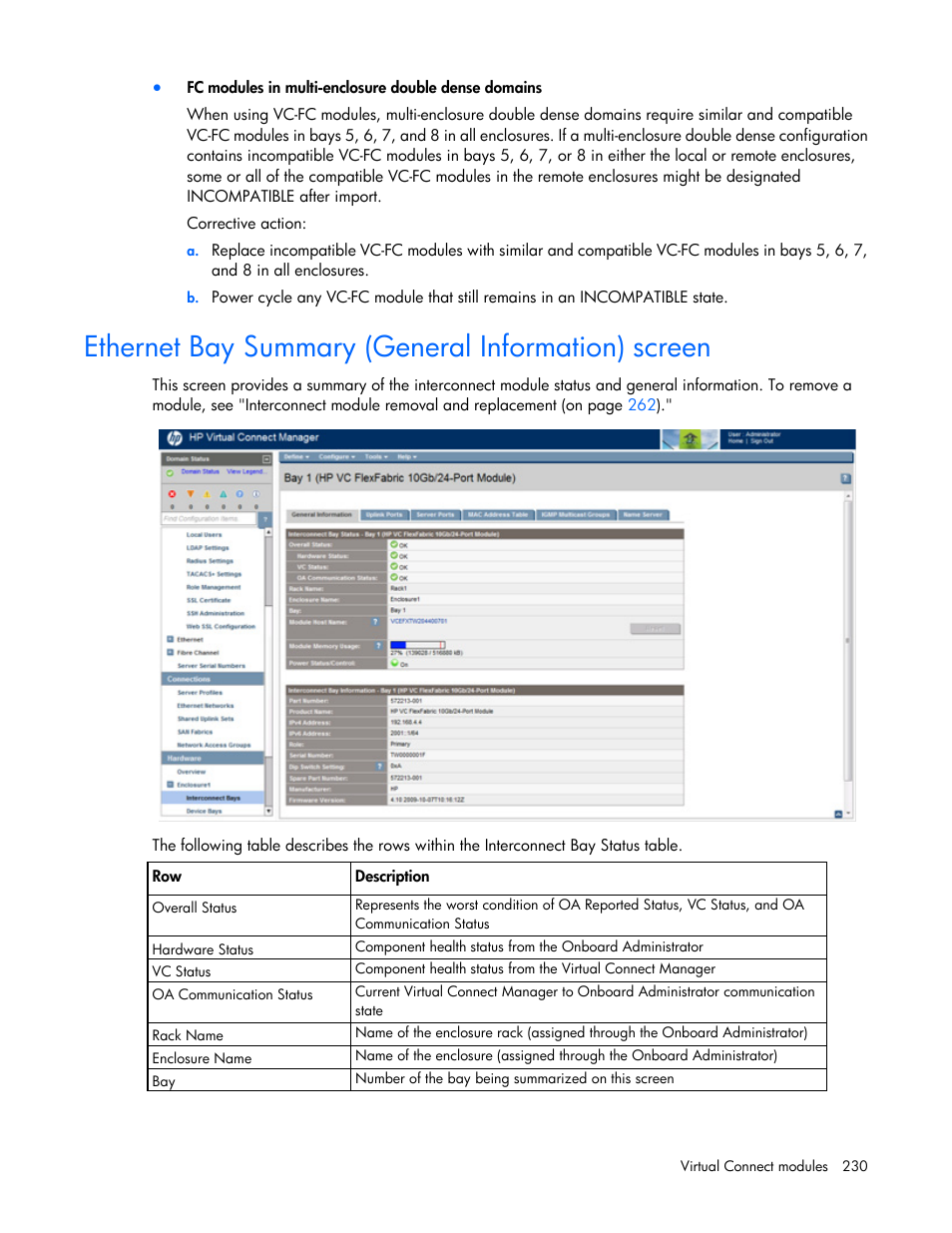 Ethernet bay summary (general information) screen, Ethernet bay summary (general, Information) screen | HP Virtual Connect 4Gb Fibre Channel Module for c-Class BladeSystem User Manual | Page 230 / 308