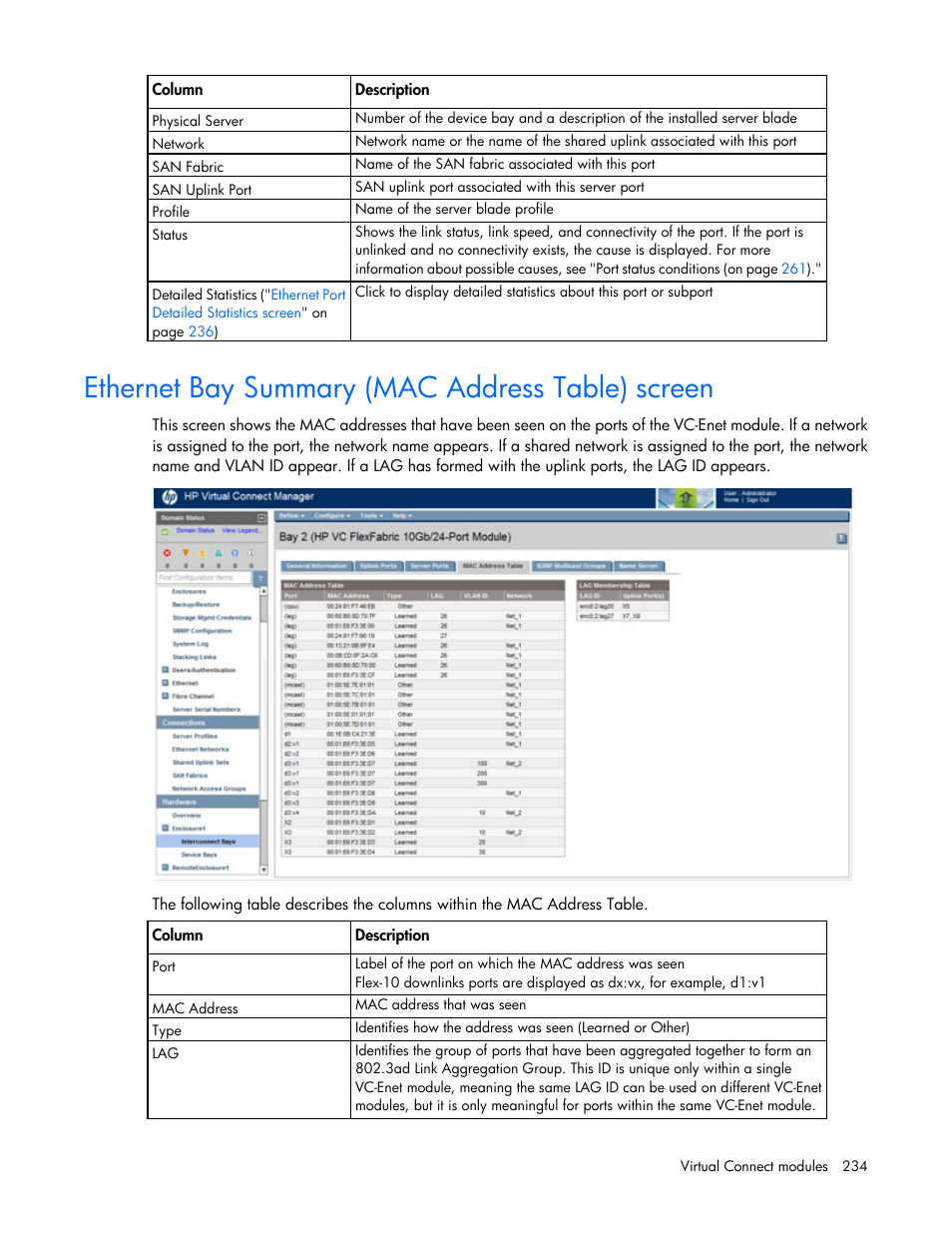 Ethernet bay summary (mac address table) screen | HP Virtual Connect 4Gb Fibre Channel Module for c-Class BladeSystem User Manual | Page 234 / 308