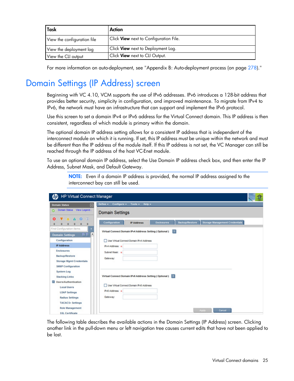 Domain settings (ip address) screen | HP Virtual Connect 4Gb Fibre Channel Module for c-Class BladeSystem User Manual | Page 25 / 308