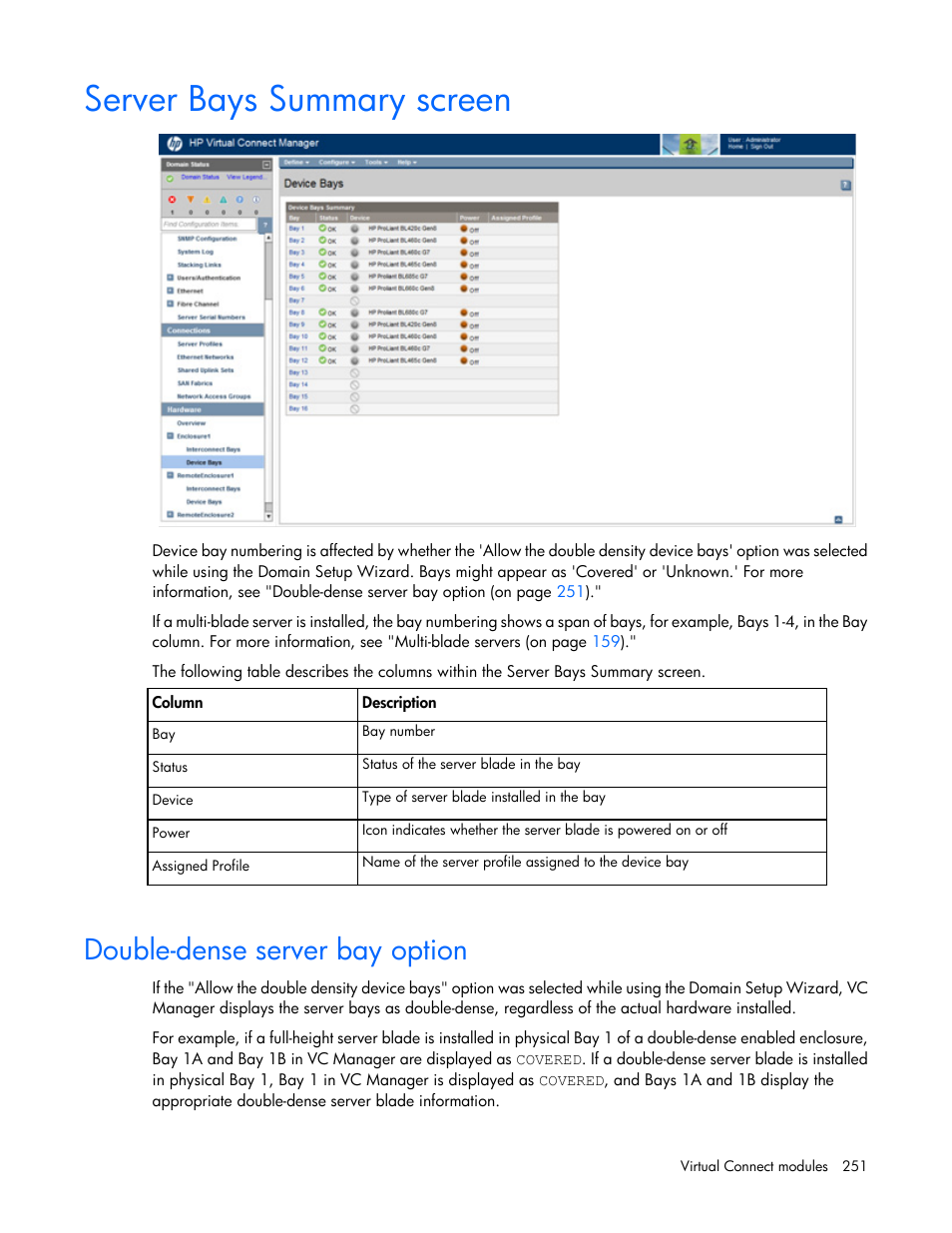 Server bays summary screen, Double-dense server bay option | HP Virtual Connect 4Gb Fibre Channel Module for c-Class BladeSystem User Manual | Page 251 / 308