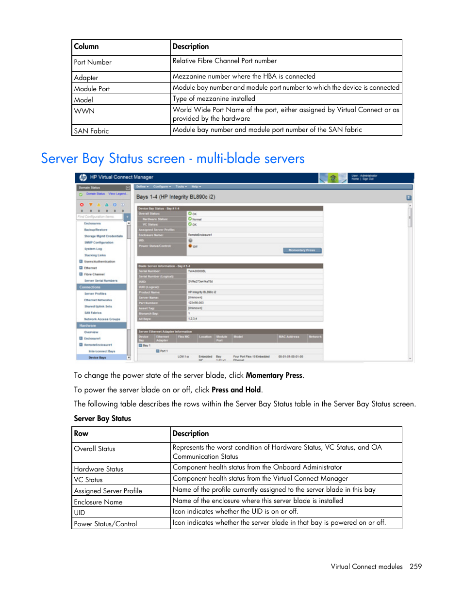 Server bay status screen - multi-blade servers | HP Virtual Connect 4Gb Fibre Channel Module for c-Class BladeSystem User Manual | Page 259 / 308