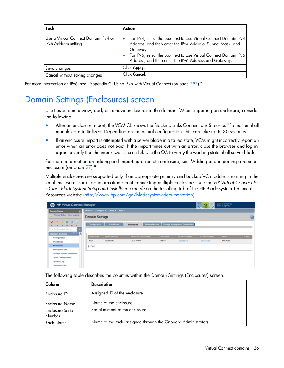 Domain settings (enclosures) screen | HP Virtual Connect 4Gb Fibre Channel Module for c-Class BladeSystem User Manual | Page 26 / 308