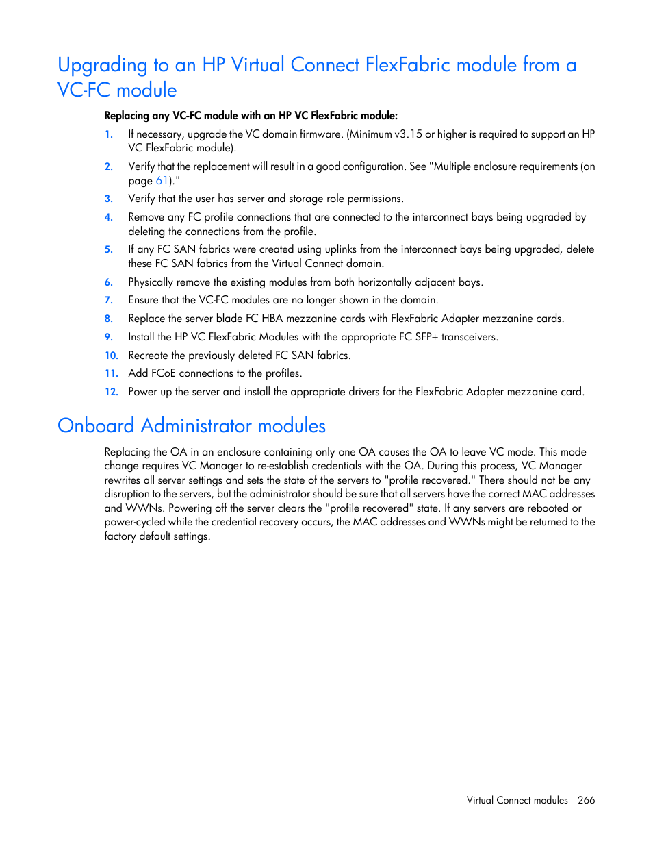 Onboard administrator modules | HP Virtual Connect 4Gb Fibre Channel Module for c-Class BladeSystem User Manual | Page 266 / 308