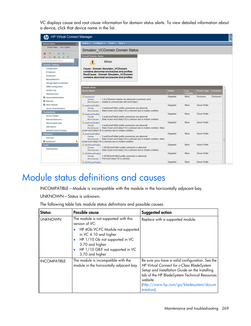 Module status definitions and causes | HP Virtual Connect 4Gb Fibre Channel Module for c-Class BladeSystem User Manual | Page 269 / 308