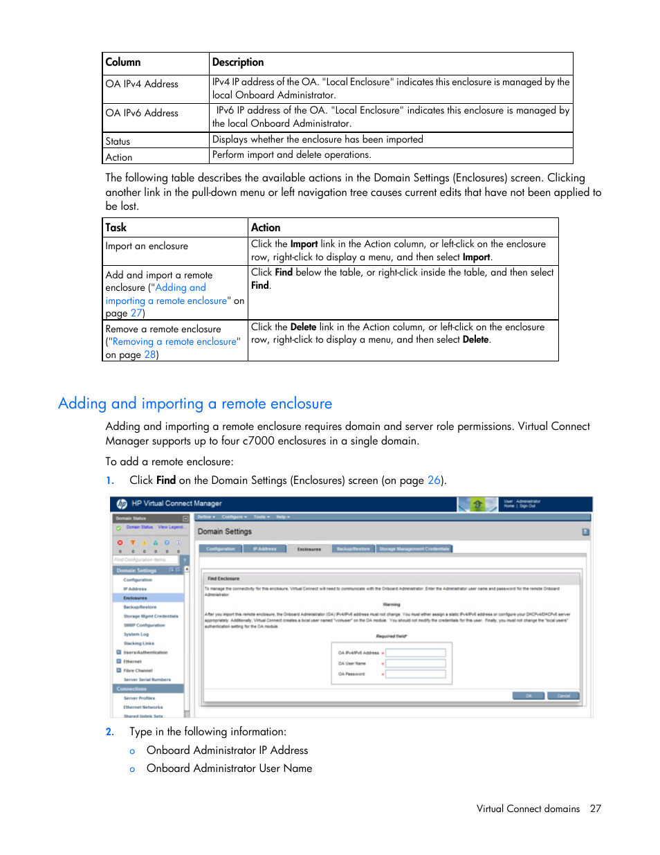 Adding and importing a remote enclosure | HP Virtual Connect 4Gb Fibre Channel Module for c-Class BladeSystem User Manual | Page 27 / 308