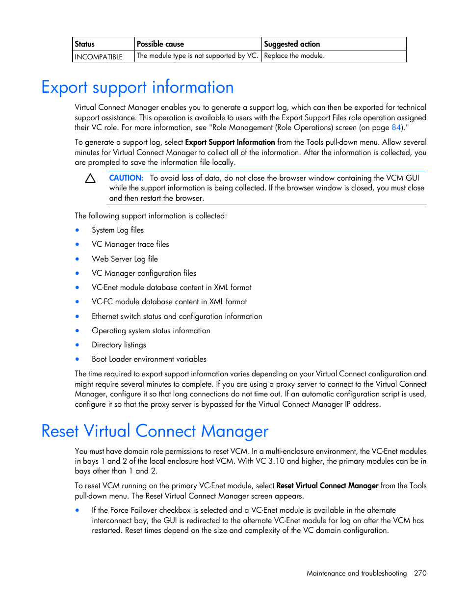 Export support information, Reset virtual connect manager | HP Virtual Connect 4Gb Fibre Channel Module for c-Class BladeSystem User Manual | Page 270 / 308