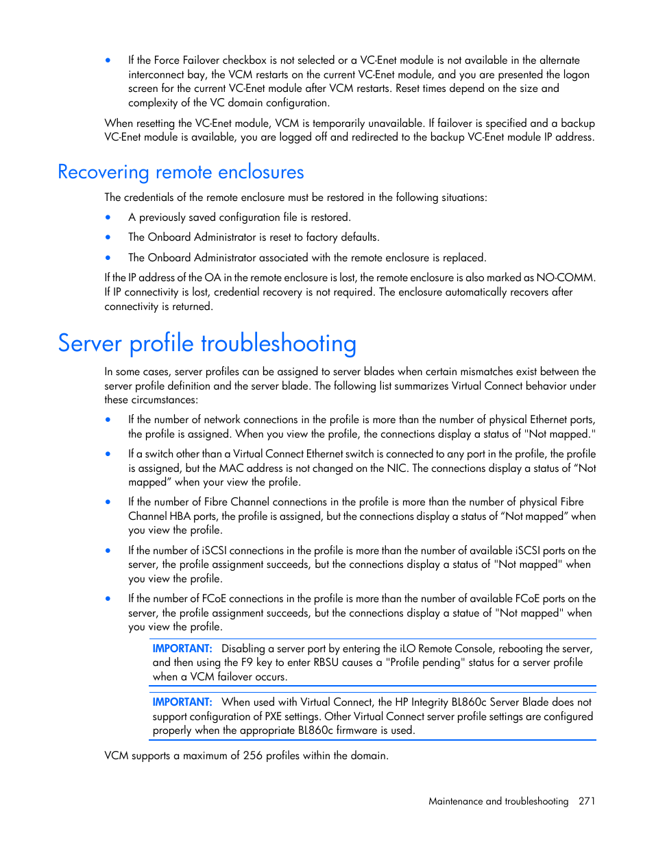 Recovering remote enclosures, Server profile troubleshooting | HP Virtual Connect 4Gb Fibre Channel Module for c-Class BladeSystem User Manual | Page 271 / 308