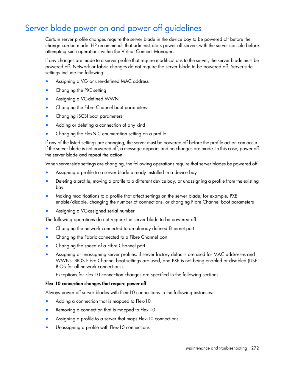 Server blade power on and power off guidelines | HP Virtual Connect 4Gb Fibre Channel Module for c-Class BladeSystem User Manual | Page 272 / 308