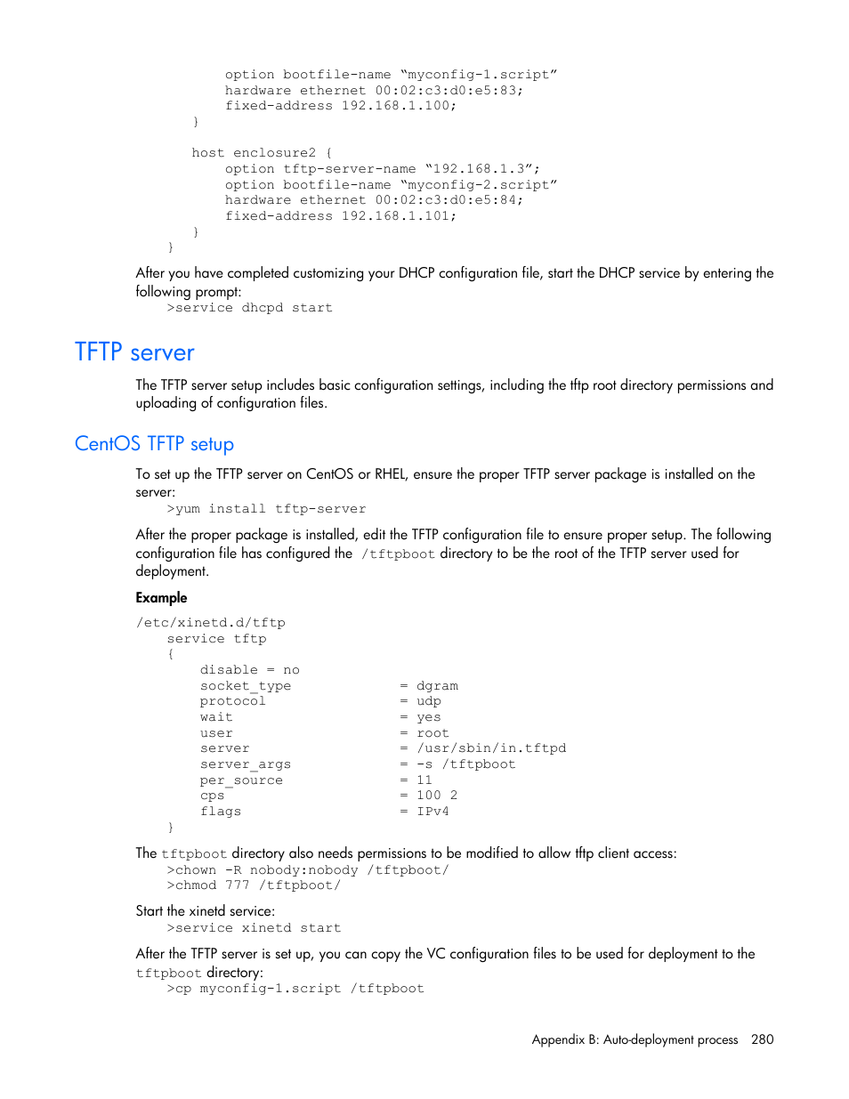 Tftp server, Centos tftp setup | HP Virtual Connect 4Gb Fibre Channel Module for c-Class BladeSystem User Manual | Page 280 / 308