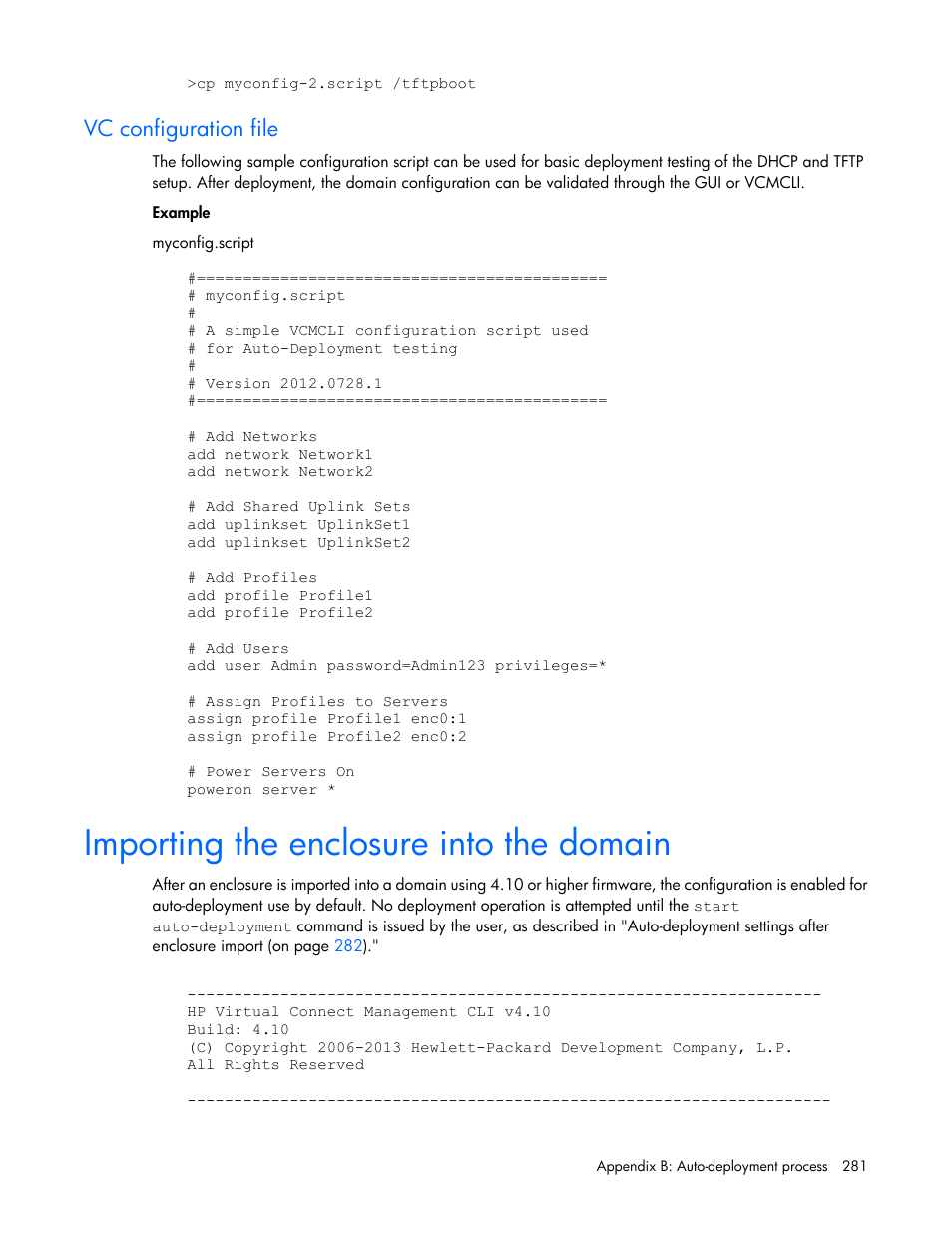 Vc configuration file, Importing the enclosure into the domain | HP Virtual Connect 4Gb Fibre Channel Module for c-Class BladeSystem User Manual | Page 281 / 308