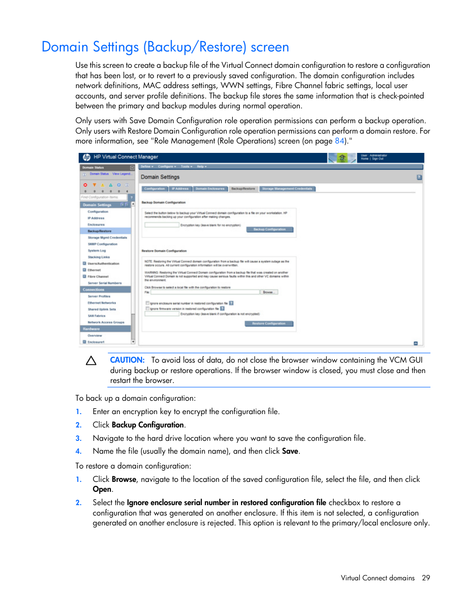 Domain settings (backup/restore) screen | HP Virtual Connect 4Gb Fibre Channel Module for c-Class BladeSystem User Manual | Page 29 / 308