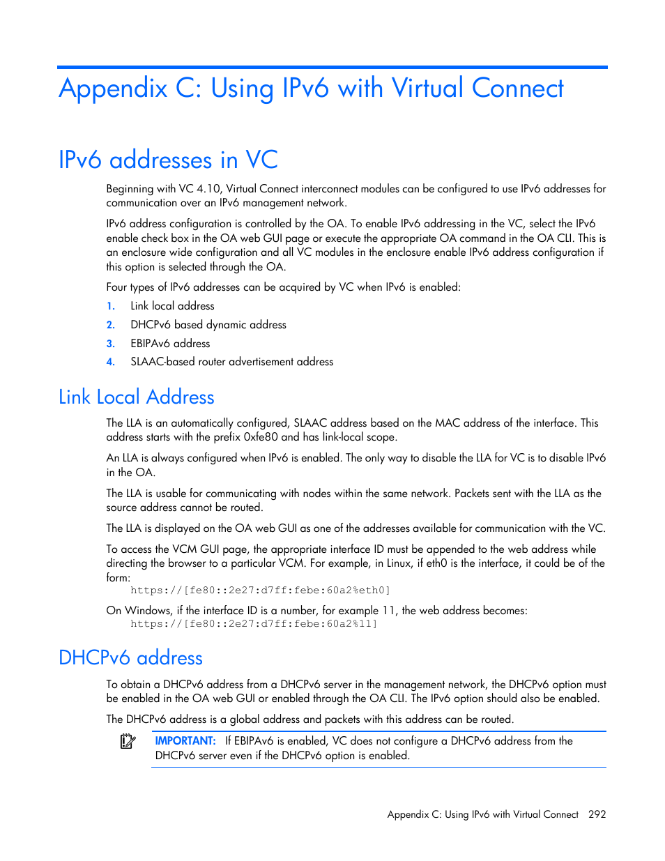 Appendix c: using ipv6 with virtual connect, Ipv6 addresses in vc, Link local address | Dhcpv6 address | HP Virtual Connect 4Gb Fibre Channel Module for c-Class BladeSystem User Manual | Page 292 / 308