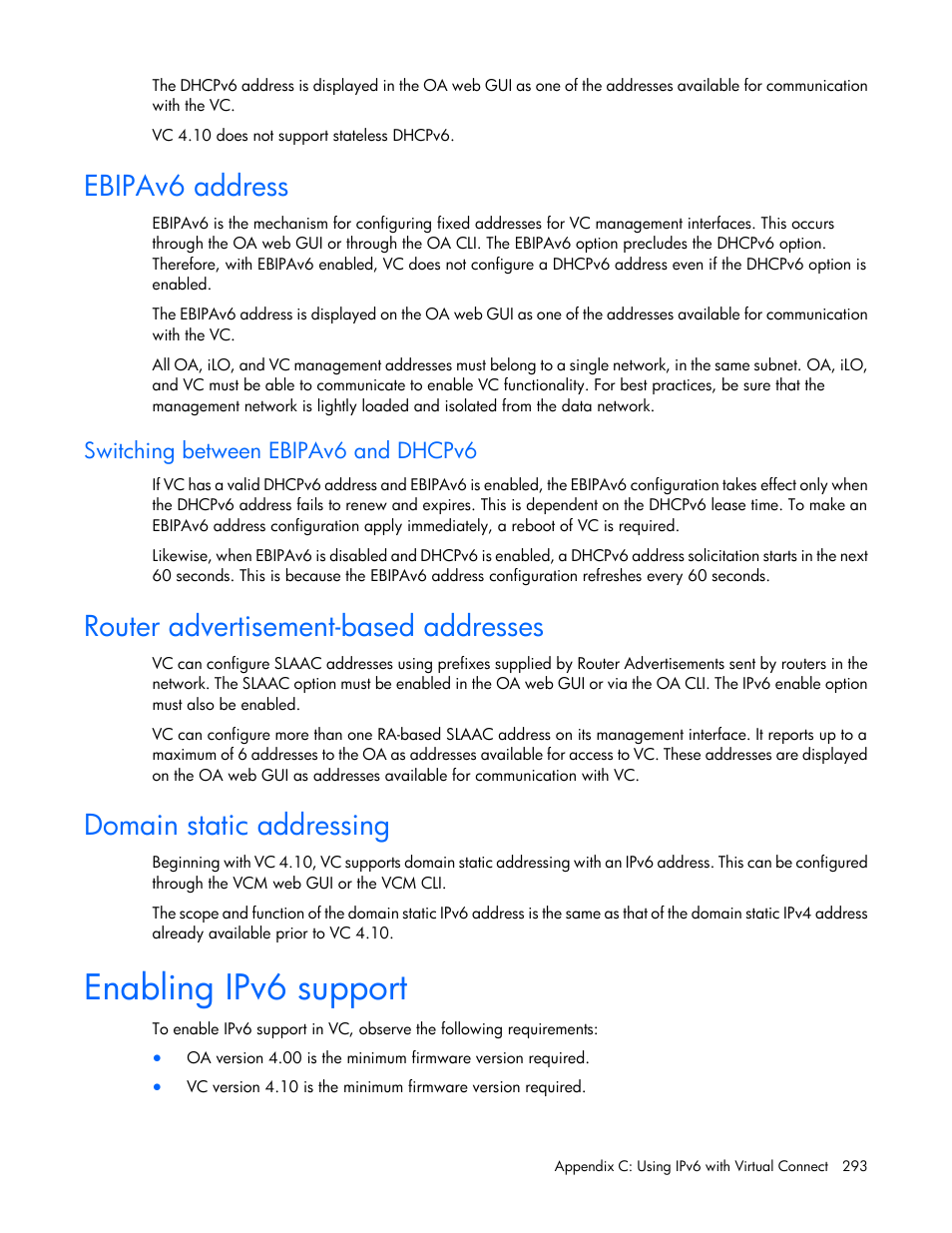 Ebipav6 address, Switching between ebipav6 and dhcpv6, Router advertisement-based addresses | Domain static addressing, Enabling ipv6 support | HP Virtual Connect 4Gb Fibre Channel Module for c-Class BladeSystem User Manual | Page 293 / 308