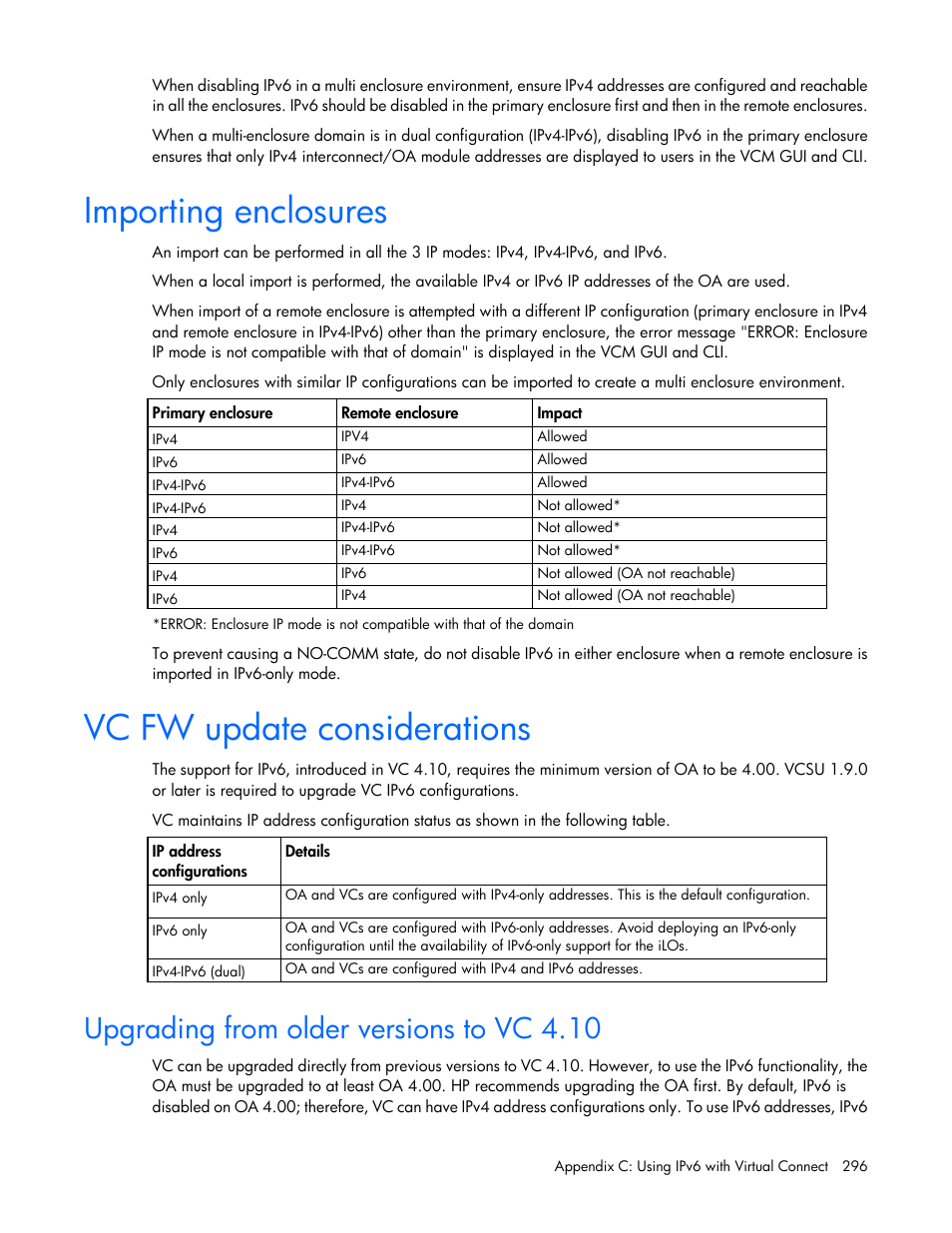 Importing enclosures, Vc fw update considerations, Upgrading from older versions to vc 4.10 | HP Virtual Connect 4Gb Fibre Channel Module for c-Class BladeSystem User Manual | Page 296 / 308