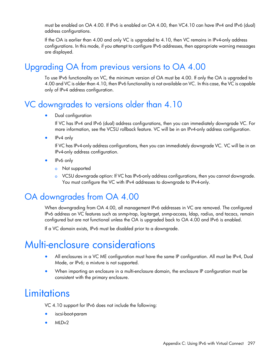 Upgrading oa from previous versions to oa 4.00, Vc downgrades to versions older than 4.10, Oa downgrades from oa 4.00 | Multi-enclosure considerations, Limitations | HP Virtual Connect 4Gb Fibre Channel Module for c-Class BladeSystem User Manual | Page 297 / 308