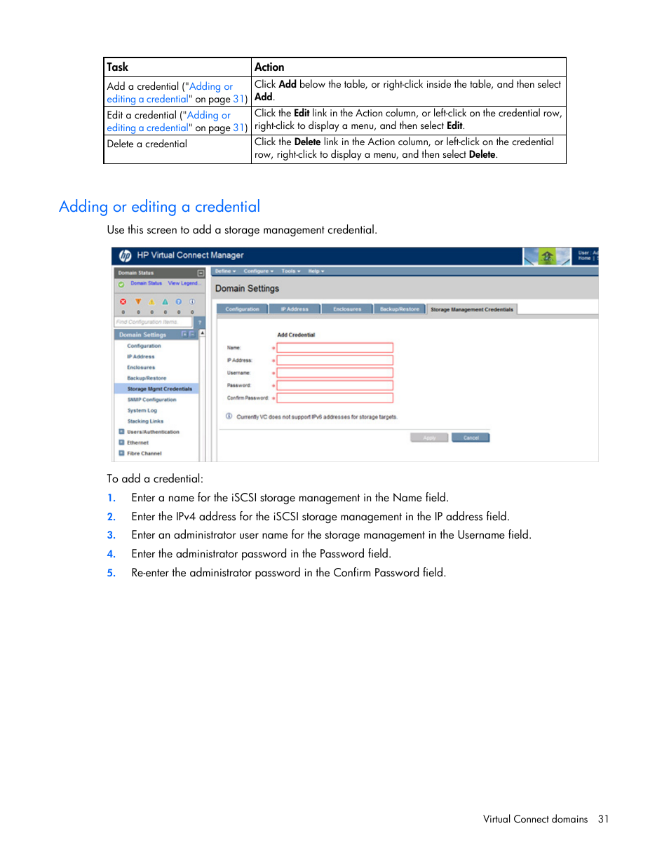 Adding or editing a credential | HP Virtual Connect 4Gb Fibre Channel Module for c-Class BladeSystem User Manual | Page 31 / 308