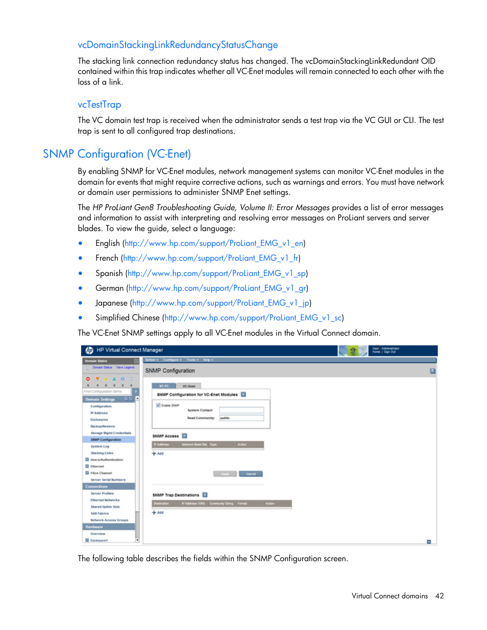 Vcdomainstackinglinkredundancystatuschange, Vctesttrap, Snmp configuration (vc-enet) | HP Virtual Connect 4Gb Fibre Channel Module for c-Class BladeSystem User Manual | Page 42 / 308