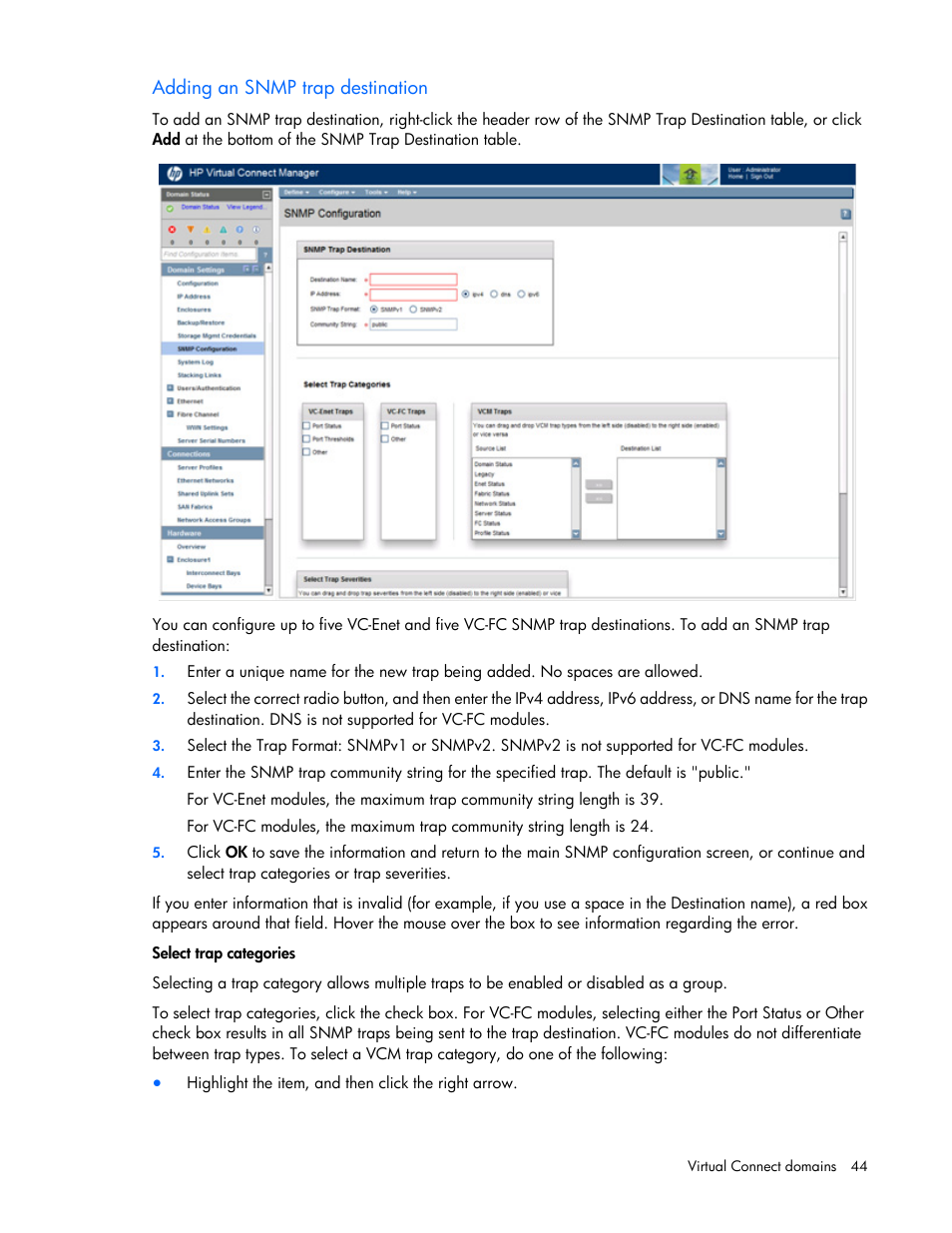 Adding an snmp trap destination, Adding an snmp trap, Destination | HP Virtual Connect 4Gb Fibre Channel Module for c-Class BladeSystem User Manual | Page 44 / 308