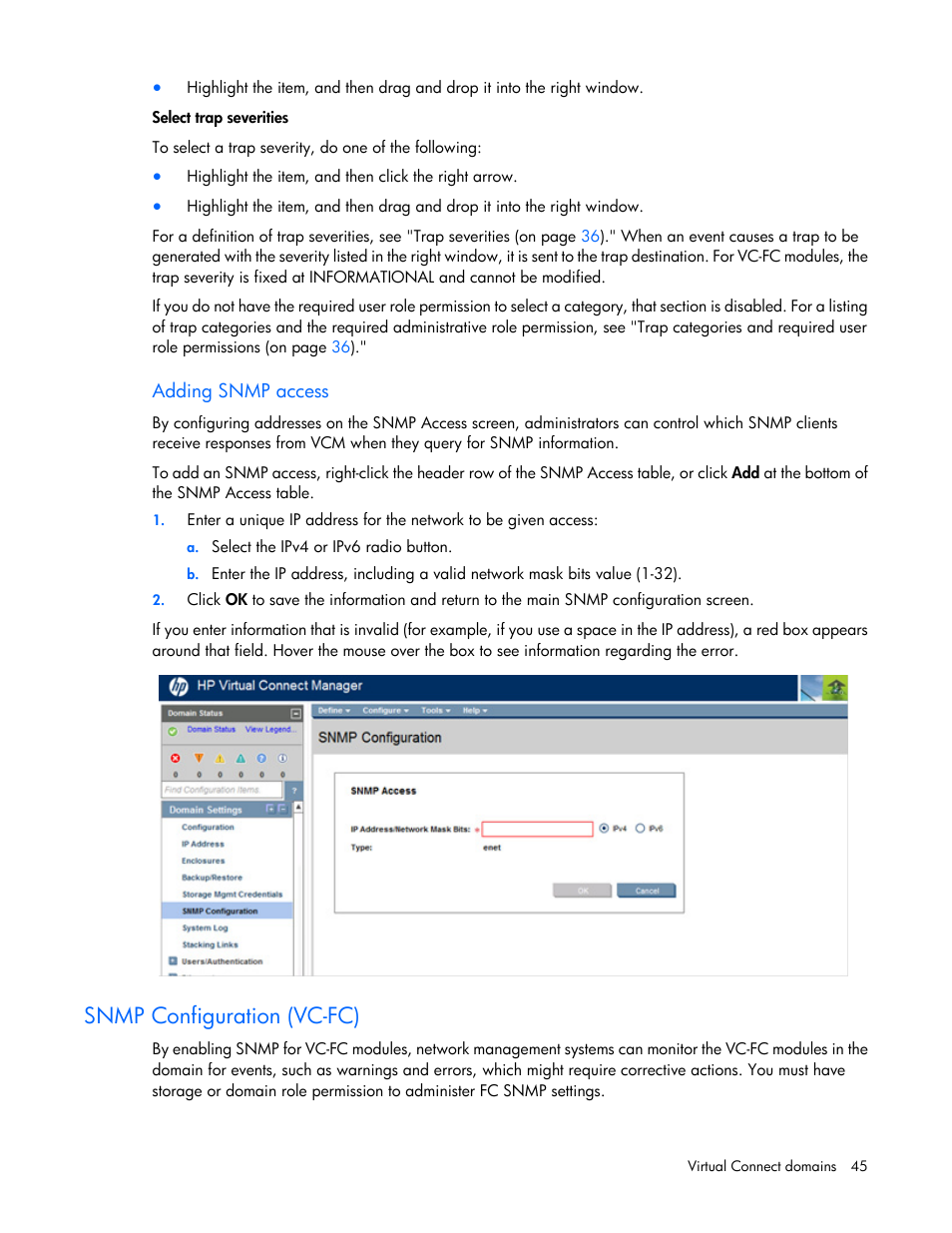 Adding snmp access, Snmp configuration (vc-fc), Adding | Snmp access | HP Virtual Connect 4Gb Fibre Channel Module for c-Class BladeSystem User Manual | Page 45 / 308