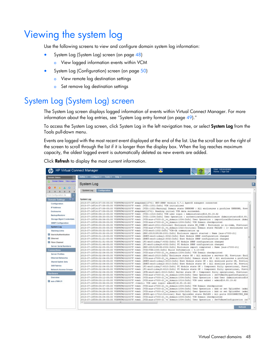 Viewing the system log, System log (system log) screen | HP Virtual Connect 4Gb Fibre Channel Module for c-Class BladeSystem User Manual | Page 48 / 308