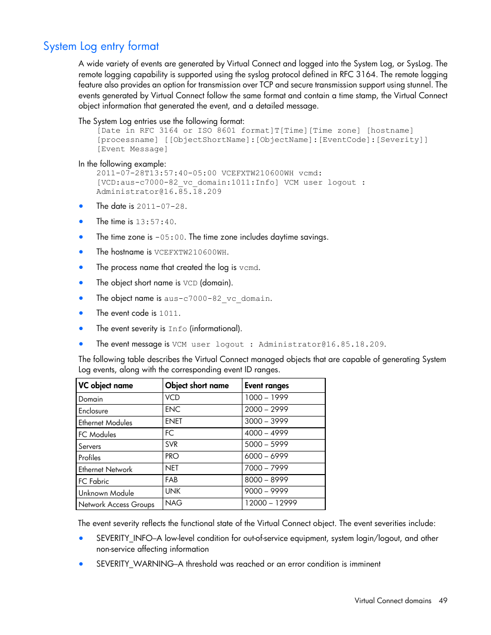 System log entry format | HP Virtual Connect 4Gb Fibre Channel Module for c-Class BladeSystem User Manual | Page 49 / 308