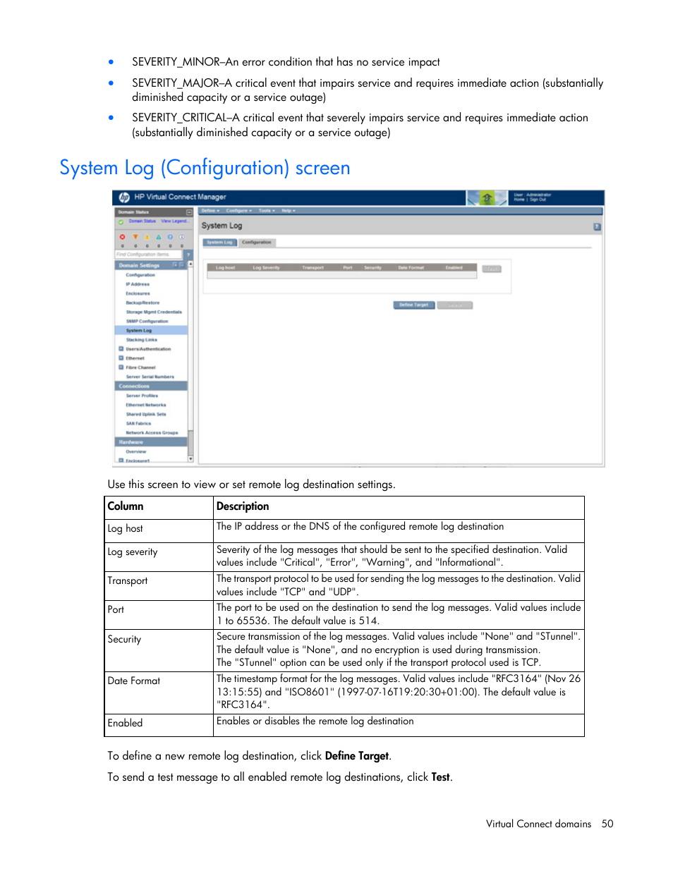 System log (configuration) screen | HP Virtual Connect 4Gb Fibre Channel Module for c-Class BladeSystem User Manual | Page 50 / 308