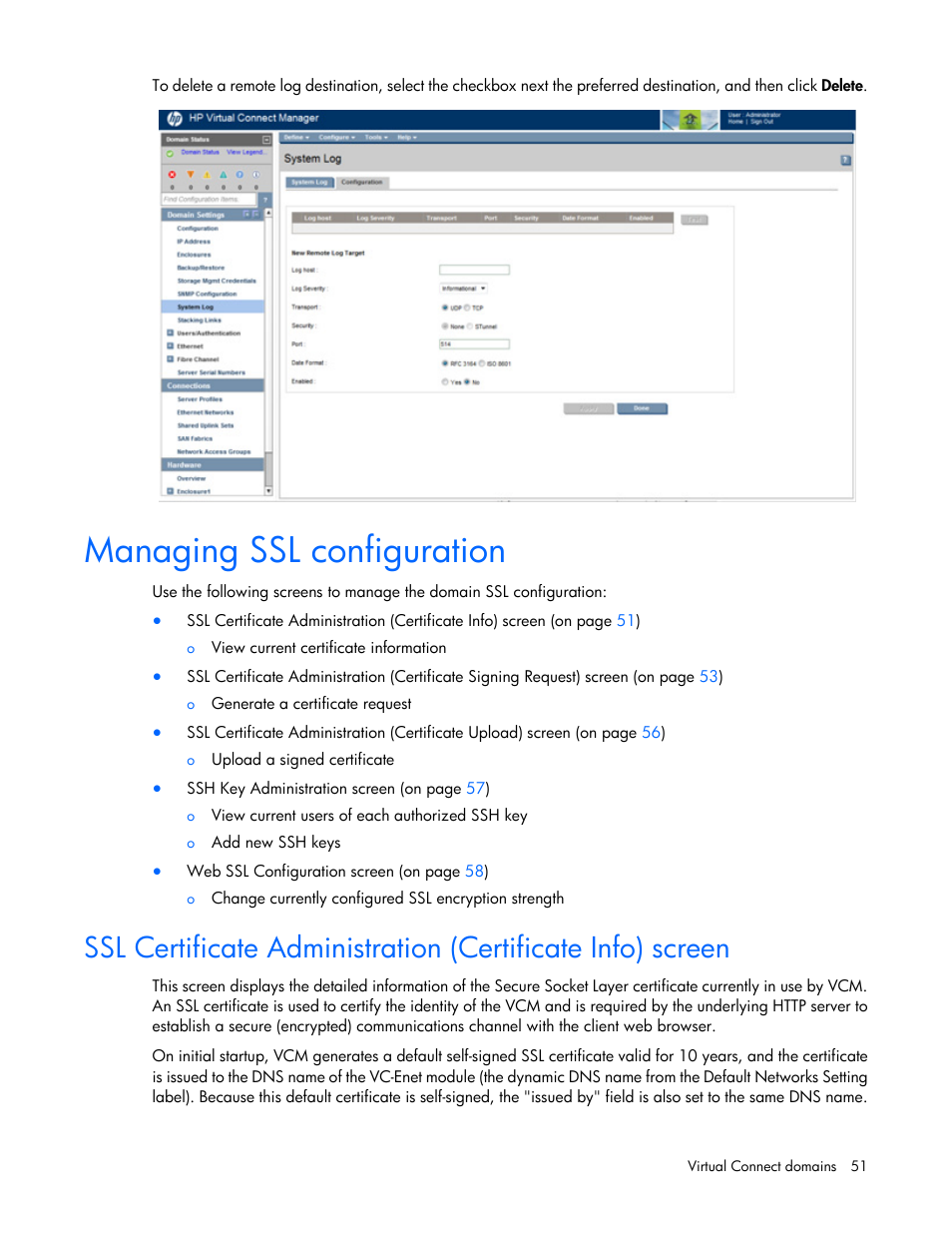 Managing ssl configuration | HP Virtual Connect 4Gb Fibre Channel Module for c-Class BladeSystem User Manual | Page 51 / 308
