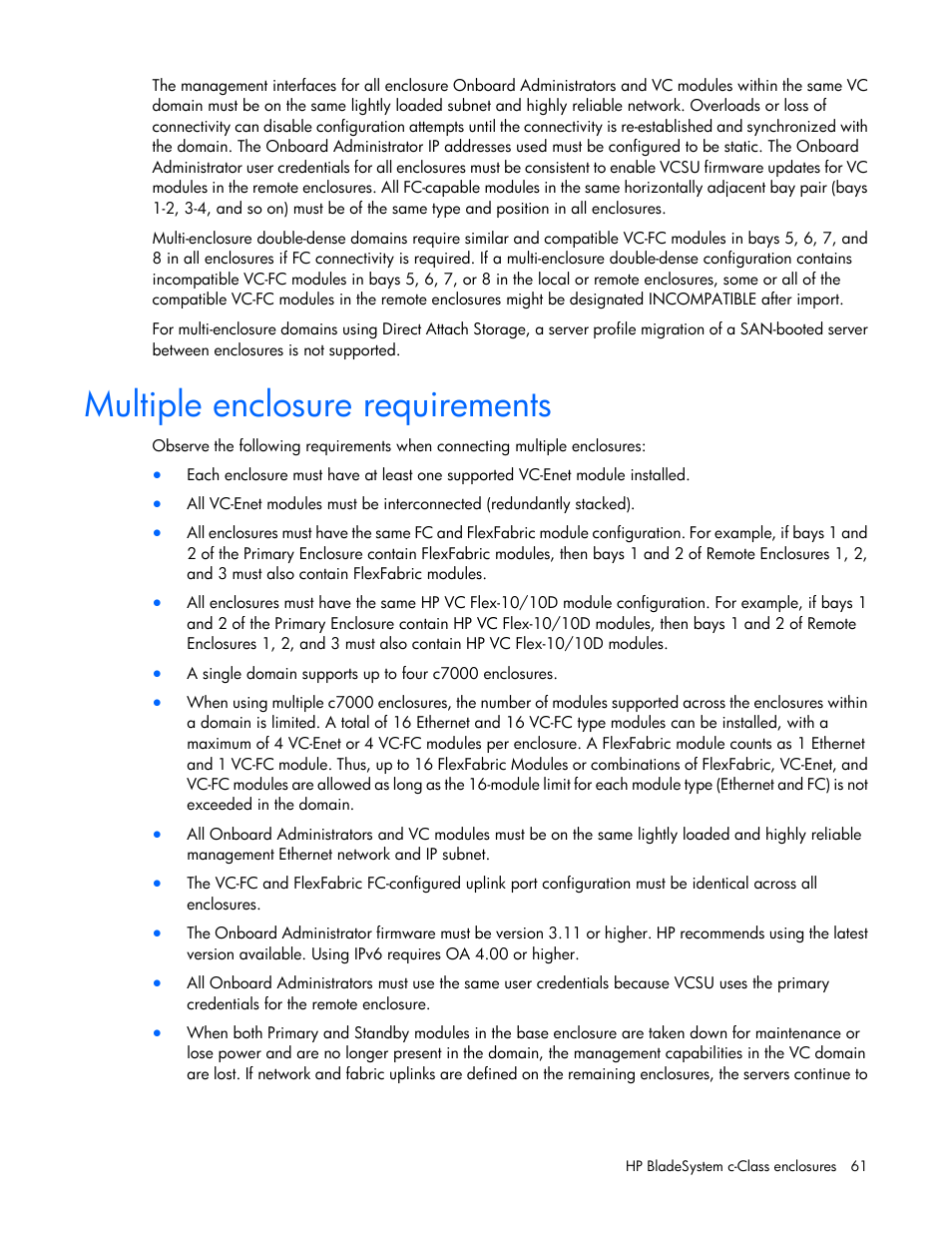 Multiple enclosure requirements | HP Virtual Connect 4Gb Fibre Channel Module for c-Class BladeSystem User Manual | Page 61 / 308