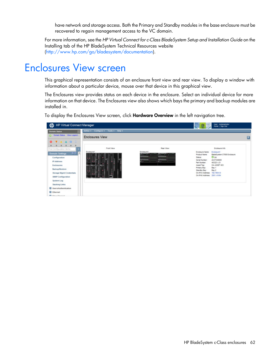 Enclosures view screen | HP Virtual Connect 4Gb Fibre Channel Module for c-Class BladeSystem User Manual | Page 62 / 308