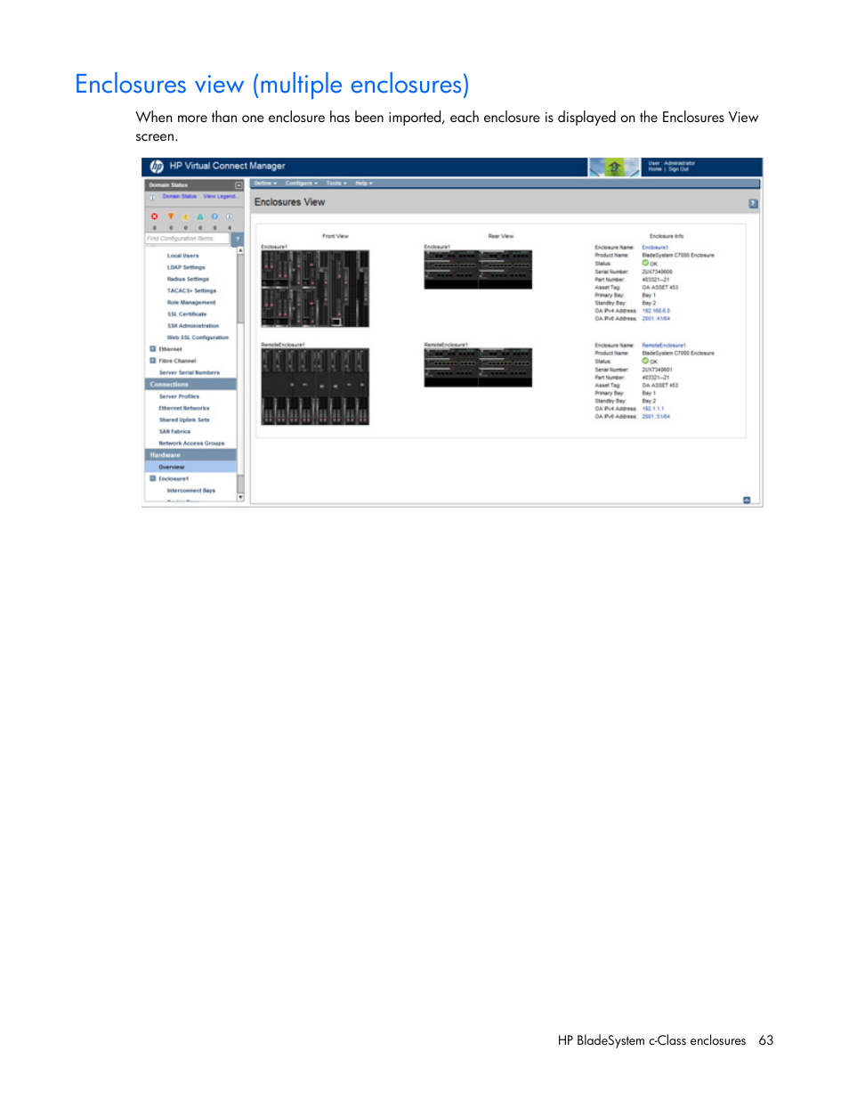 Enclosures view (multiple enclosures) | HP Virtual Connect 4Gb Fibre Channel Module for c-Class BladeSystem User Manual | Page 63 / 308