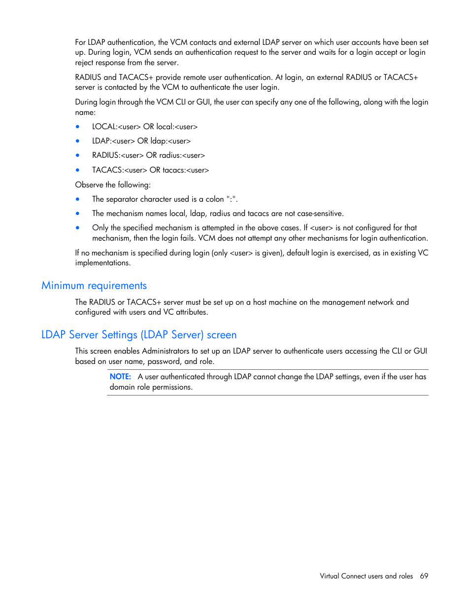 Minimum requirements, Ldap server settings (ldap server) screen | HP Virtual Connect 4Gb Fibre Channel Module for c-Class BladeSystem User Manual | Page 69 / 308