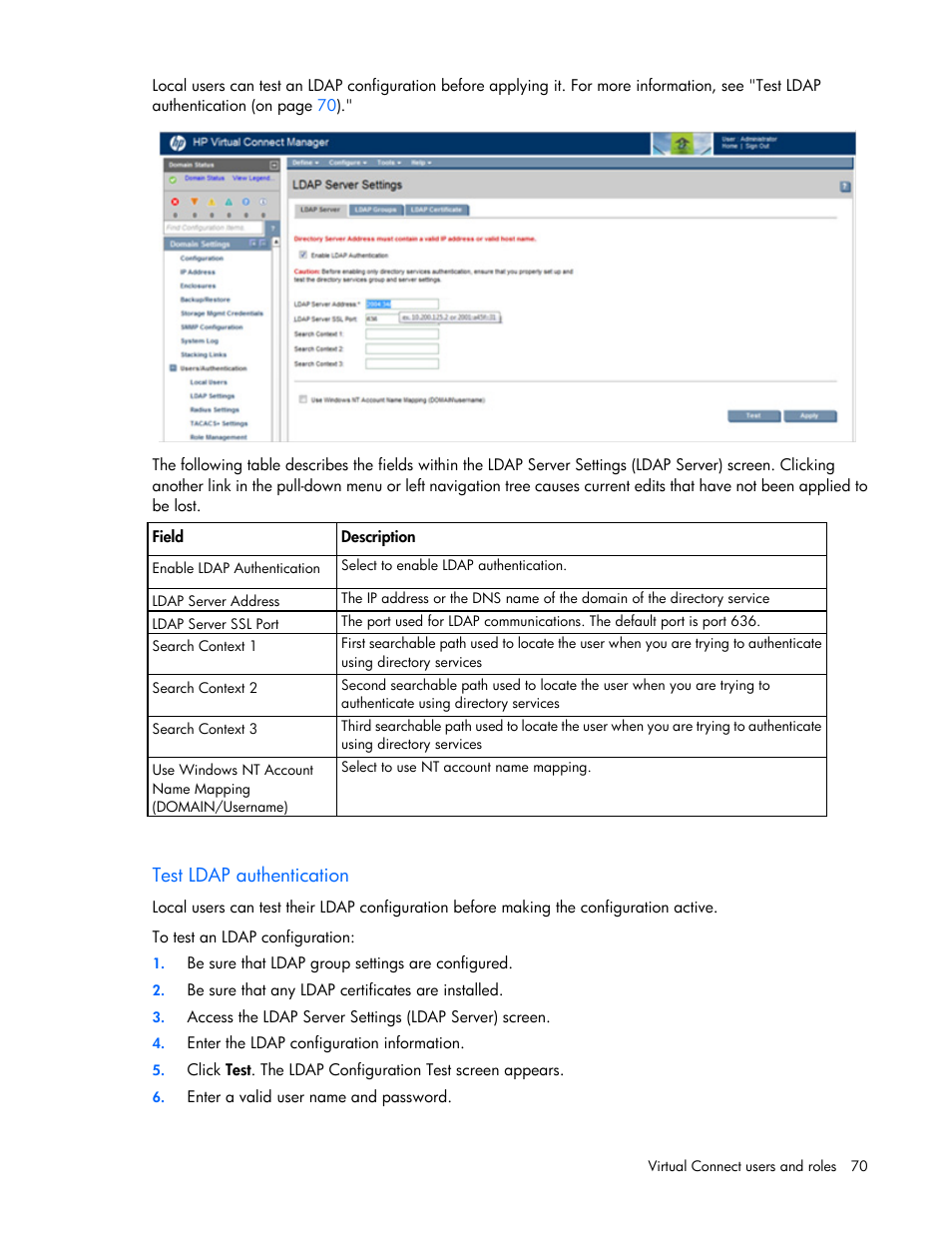 Test ldap authentication | HP Virtual Connect 4Gb Fibre Channel Module for c-Class BladeSystem User Manual | Page 70 / 308