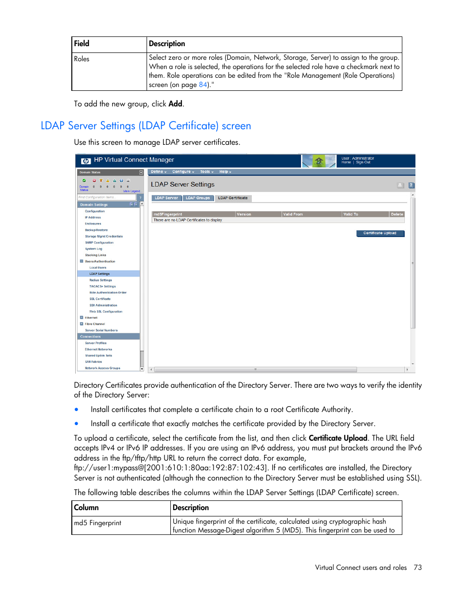 Ldap server settings (ldap certificate) screen | HP Virtual Connect 4Gb Fibre Channel Module for c-Class BladeSystem User Manual | Page 73 / 308