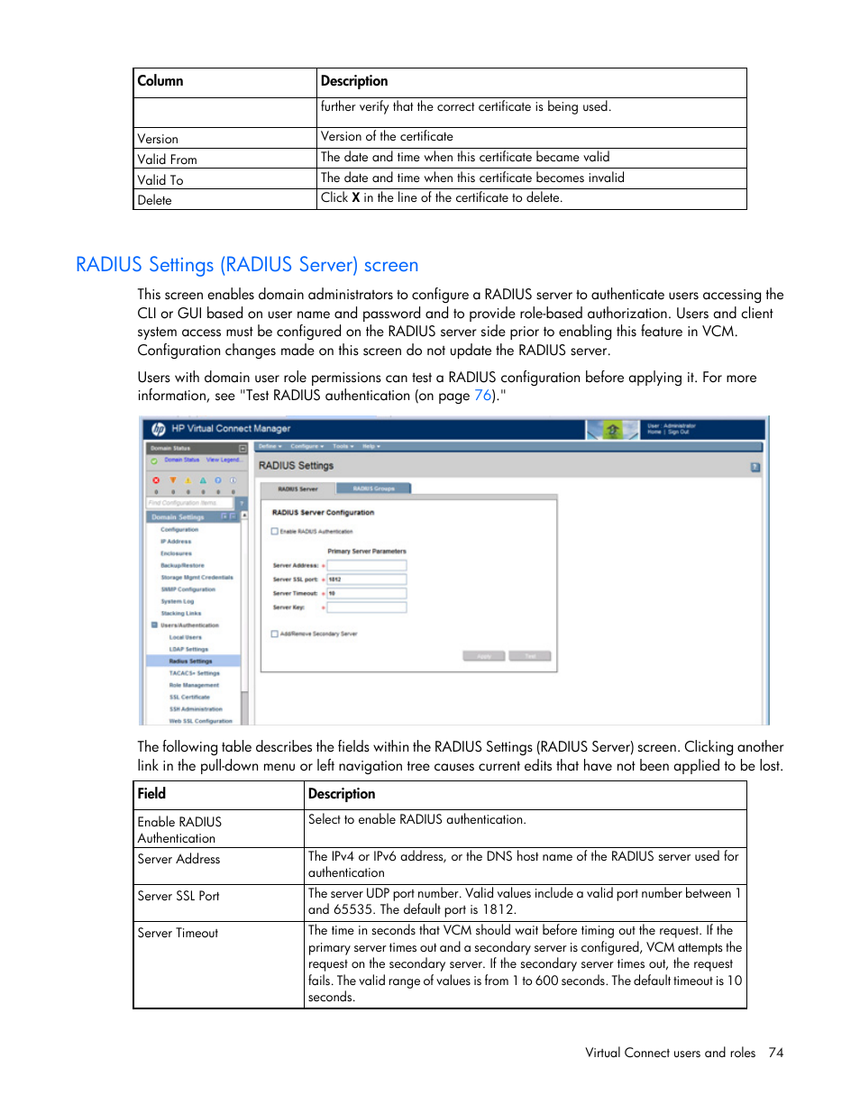 Radius settings (radius server) screen | HP Virtual Connect 4Gb Fibre Channel Module for c-Class BladeSystem User Manual | Page 74 / 308