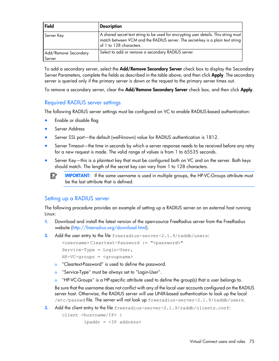 Required radius server settings, Setting up a radius server | HP Virtual Connect 4Gb Fibre Channel Module for c-Class BladeSystem User Manual | Page 75 / 308