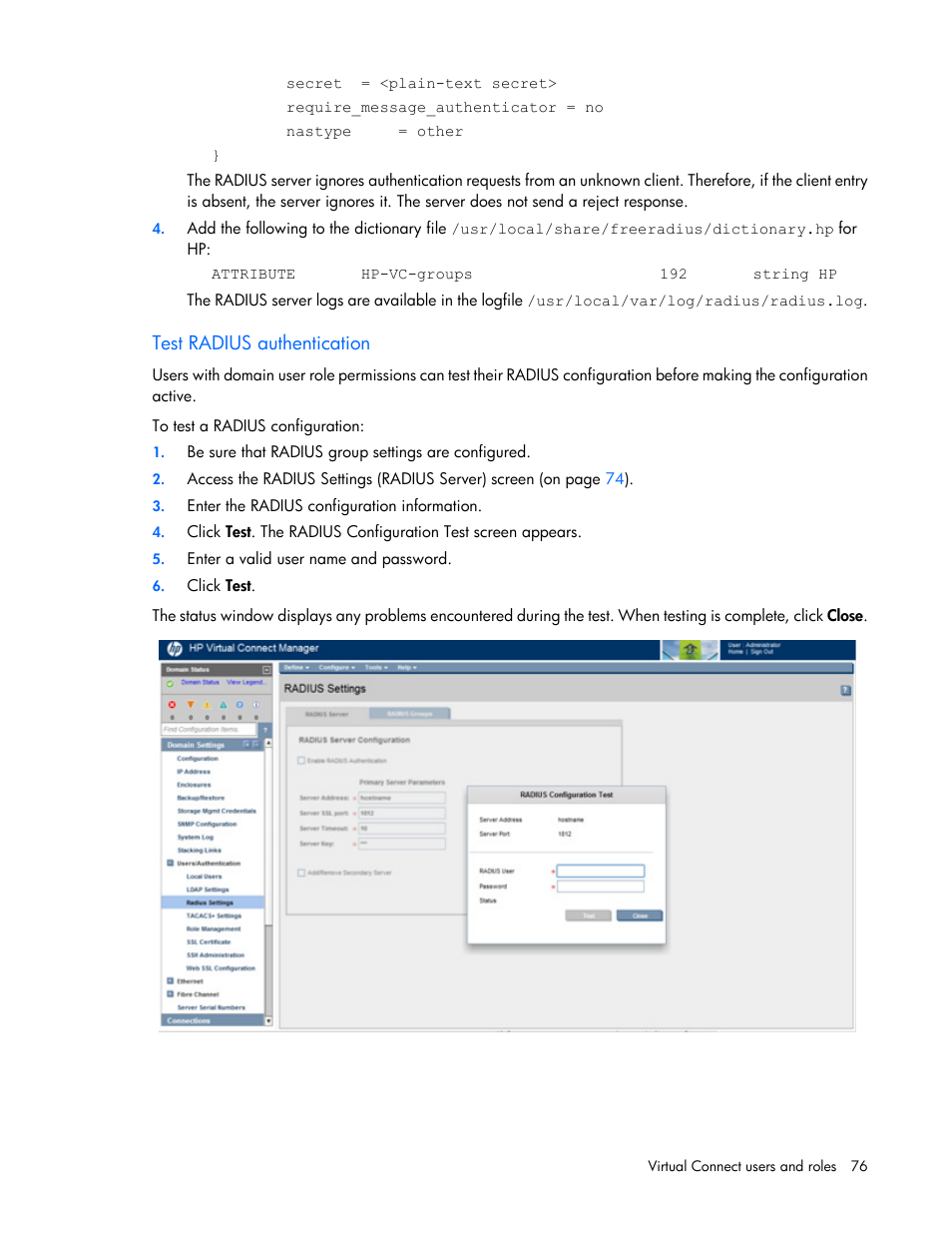 Test radius authentication | HP Virtual Connect 4Gb Fibre Channel Module for c-Class BladeSystem User Manual | Page 76 / 308