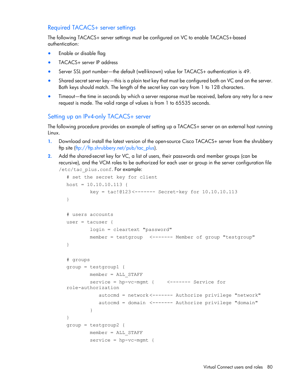 Required tacacs+ server settings, Setting up an ipv4-only tacacs+ server | HP Virtual Connect 4Gb Fibre Channel Module for c-Class BladeSystem User Manual | Page 80 / 308