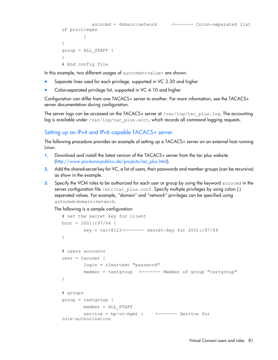 Setting up an ipv4 and ipv6 capable tacacs+ server | HP Virtual Connect 4Gb Fibre Channel Module for c-Class BladeSystem User Manual | Page 81 / 308